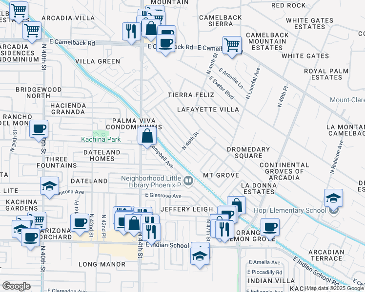 map of restaurants, bars, coffee shops, grocery stores, and more near 4591 East Calle Tuberia in Phoenix