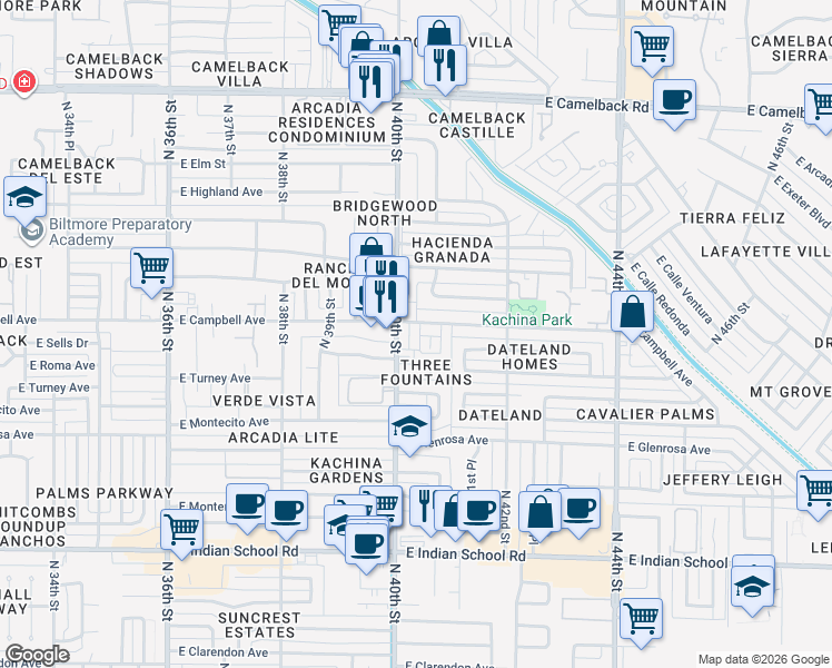 map of restaurants, bars, coffee shops, grocery stores, and more near 4001 East Campbell Avenue in Phoenix