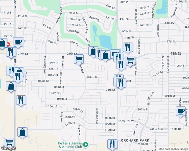 map of restaurants, bars, coffee shops, grocery stores, and more near Richmond Avenue in Lubbock