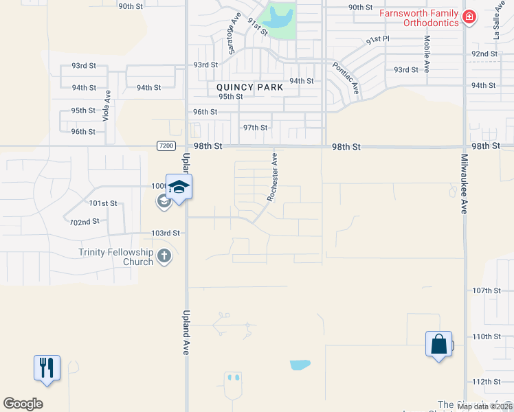 map of restaurants, bars, coffee shops, grocery stores, and more near 98th Street in Lubbock