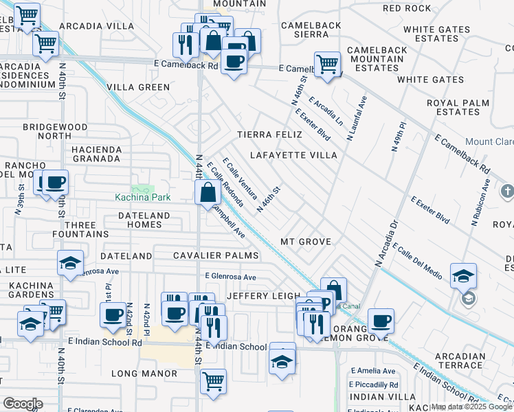 map of restaurants, bars, coffee shops, grocery stores, and more near 4591 East Calle Tuberia in Phoenix