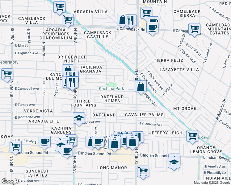 map of restaurants, bars, coffee shops, grocery stores, and more near 4304 East Campbell Avenue in Phoenix