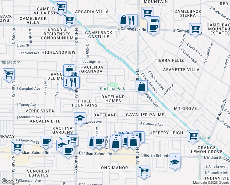 map of restaurants, bars, coffee shops, grocery stores, and more near 4304 East Campbell Avenue in Phoenix