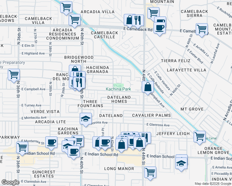 map of restaurants, bars, coffee shops, grocery stores, and more near 4304 East Campbell Avenue in Phoenix