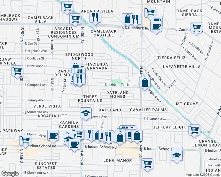 map of restaurants, bars, coffee shops, grocery stores, and more near 4138 East Campbell Avenue in Phoenix