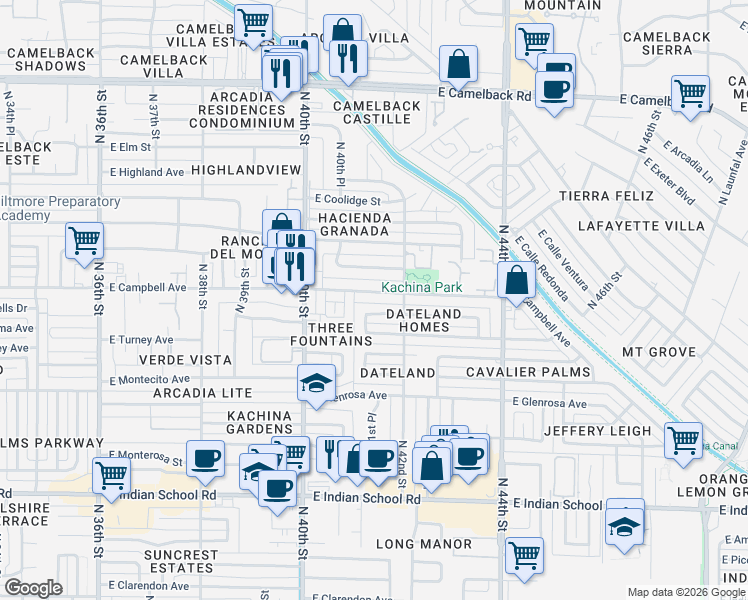 map of restaurants, bars, coffee shops, grocery stores, and more near 4108 East Campbell Avenue in Phoenix