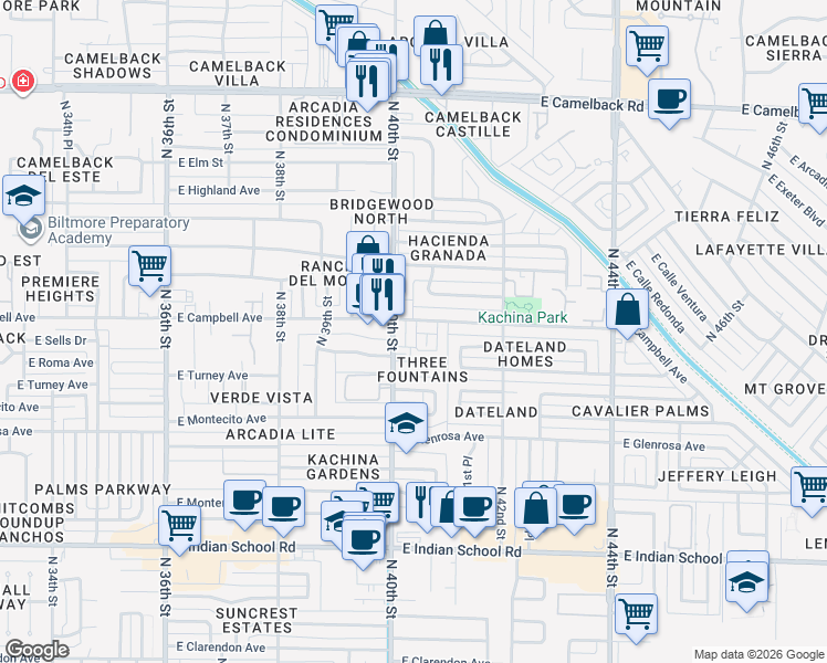 map of restaurants, bars, coffee shops, grocery stores, and more near 4001 East Campbell Avenue in Phoenix