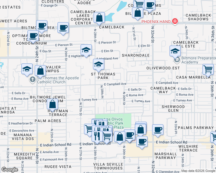 map of restaurants, bars, coffee shops, grocery stores, and more near 2838 East Campbell Avenue in Phoenix