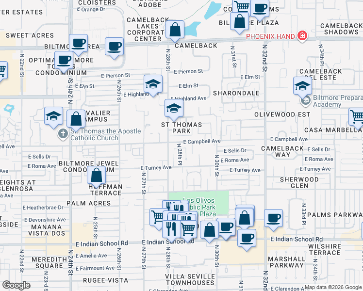 map of restaurants, bars, coffee shops, grocery stores, and more near 2838 East Campbell Avenue in Phoenix