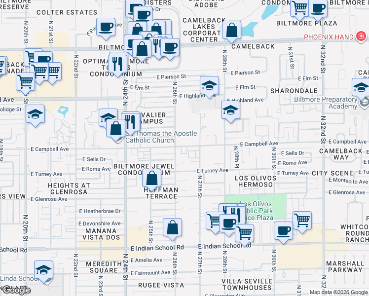 map of restaurants, bars, coffee shops, grocery stores, and more near 2633 East Campbell Avenue in Phoenix