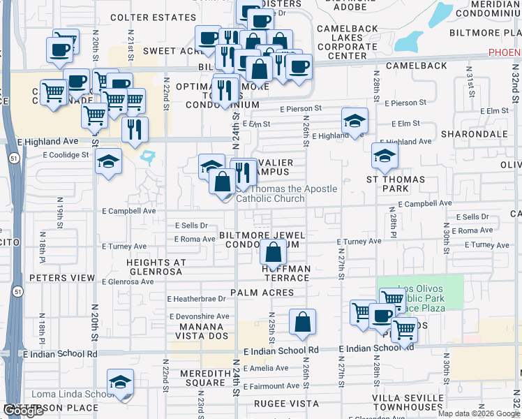 map of restaurants, bars, coffee shops, grocery stores, and more near 4508 North 24th Place in Phoenix