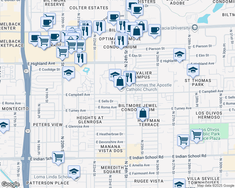 map of restaurants, bars, coffee shops, grocery stores, and more near 2313 East Campbell Avenue in Phoenix