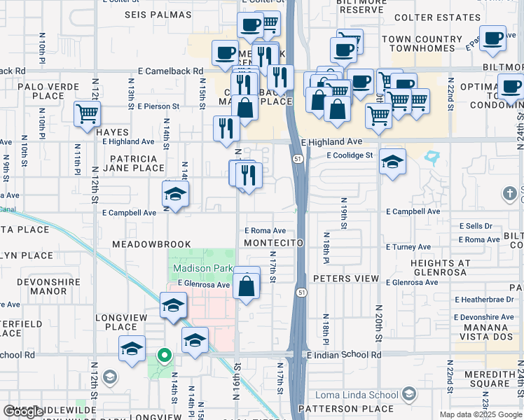 map of restaurants, bars, coffee shops, grocery stores, and more near 1718 East Campbell Avenue in Phoenix
