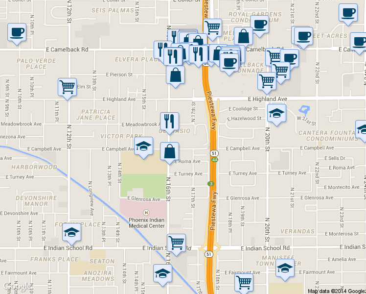 map of restaurants, bars, coffee shops, grocery stores, and more near 4515 North 16th Street in Phoenix