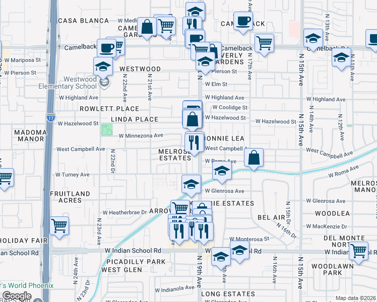map of restaurants, bars, coffee shops, grocery stores, and more near 1916 West Campbell Avenue in Phoenix
