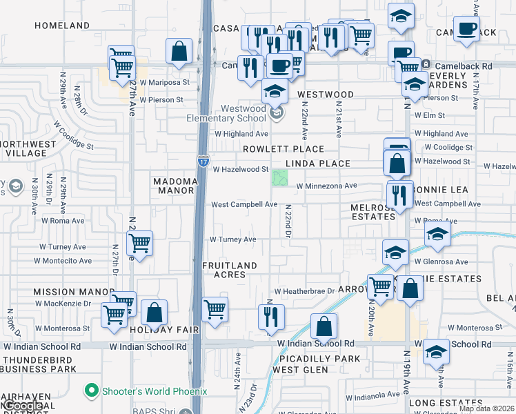 map of restaurants, bars, coffee shops, grocery stores, and more near 4503 North 23rd Avenue in Phoenix
