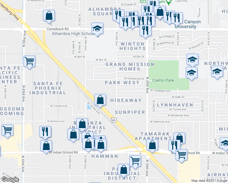 map of restaurants, bars, coffee shops, grocery stores, and more near 3648 West Campbell Avenue in Phoenix