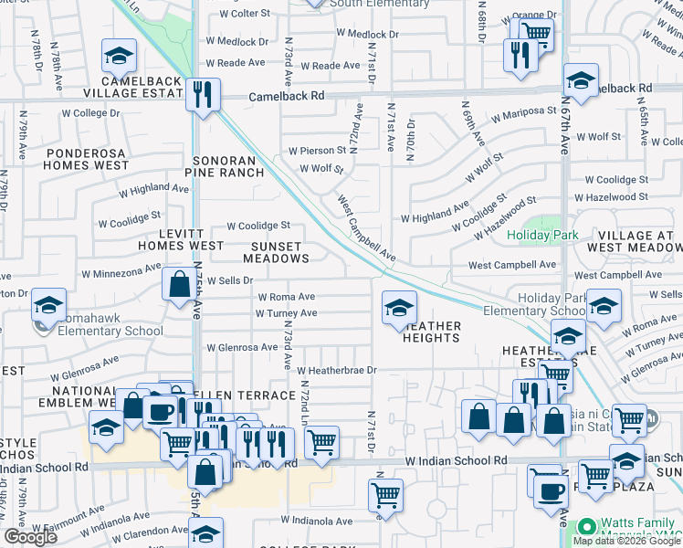 map of restaurants, bars, coffee shops, grocery stores, and more near 4520 North 71st Lane in Phoenix