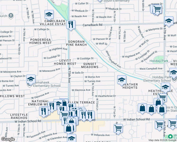 map of restaurants, bars, coffee shops, grocery stores, and more near 7309 West Minnezona Avenue in Phoenix