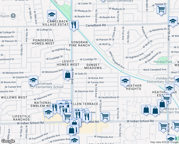 map of restaurants, bars, coffee shops, grocery stores, and more near 7337 West Minnezona Avenue in Phoenix