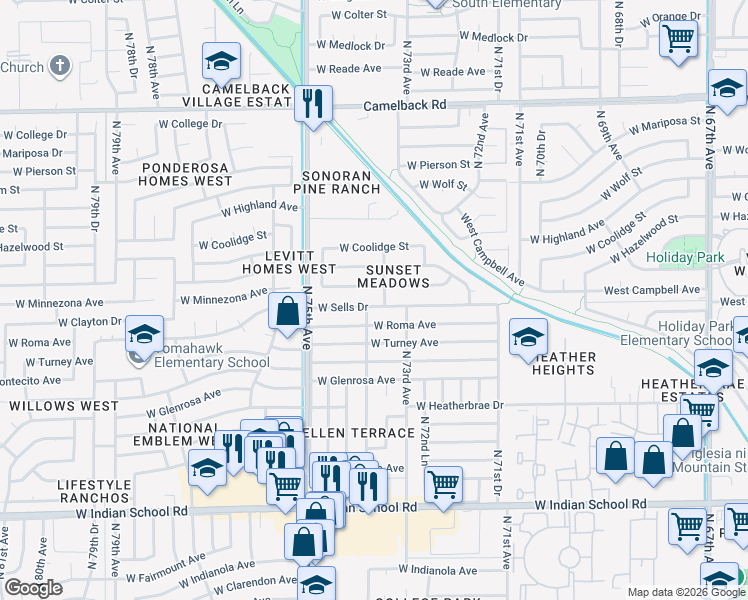 map of restaurants, bars, coffee shops, grocery stores, and more near 7337 West Minnezona Avenue in Phoenix