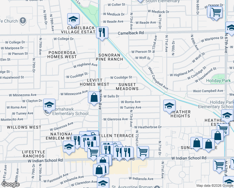 map of restaurants, bars, coffee shops, grocery stores, and more near 7337 West Minnezona Avenue in Phoenix