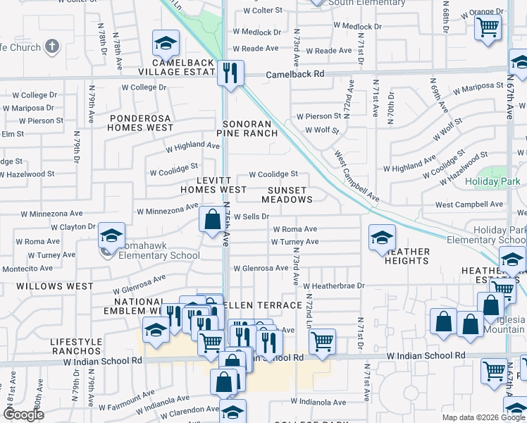 map of restaurants, bars, coffee shops, grocery stores, and more near 7337 West Minnezona Avenue in Phoenix