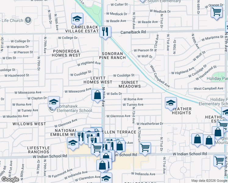 map of restaurants, bars, coffee shops, grocery stores, and more near 7423 West Minnezona Avenue in Phoenix