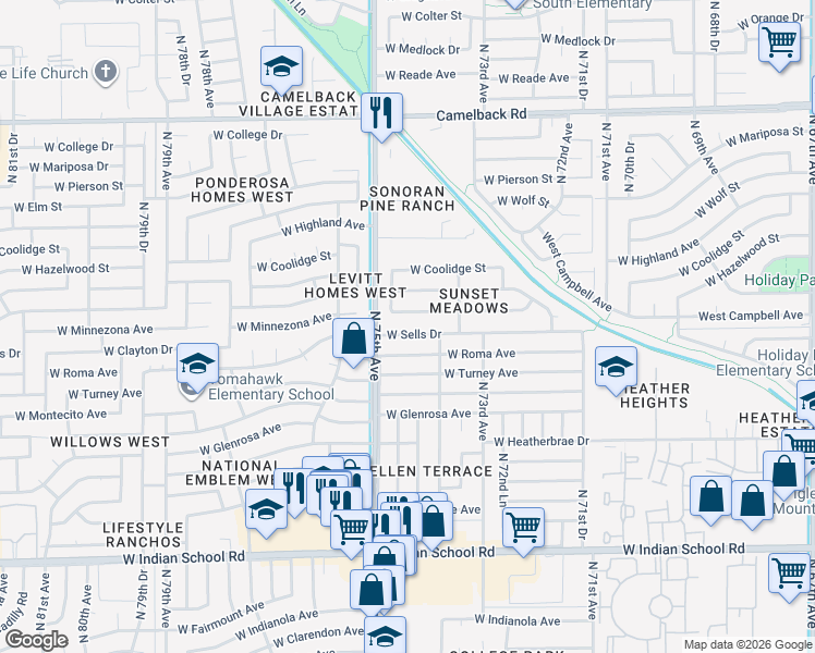 map of restaurants, bars, coffee shops, grocery stores, and more near 7423 West Minnezona Avenue in Phoenix