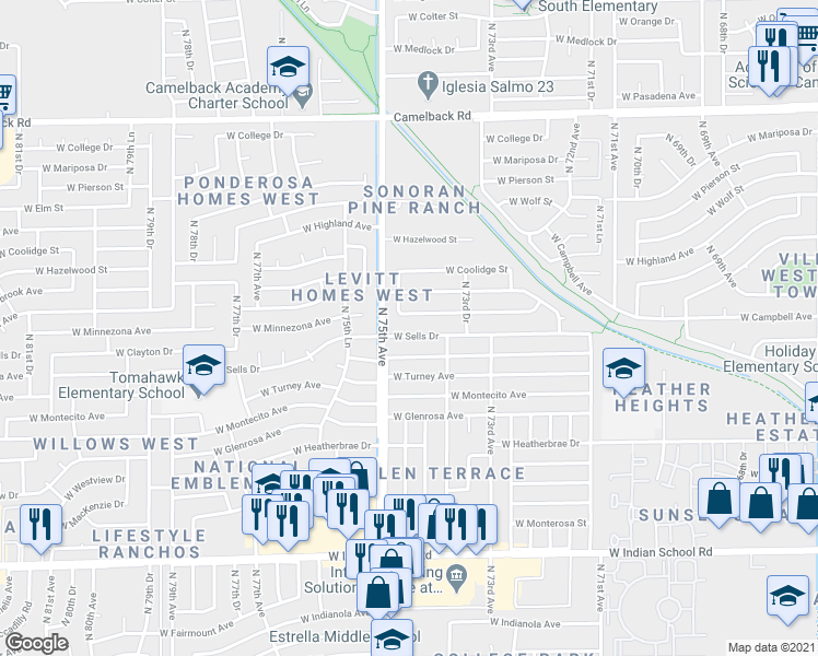 map of restaurants, bars, coffee shops, grocery stores, and more near 7423 West Minnezona Avenue in Phoenix