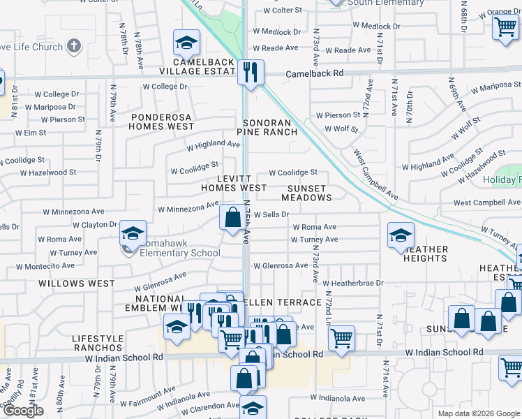 map of restaurants, bars, coffee shops, grocery stores, and more near 7423 West Minnezona Avenue in Phoenix