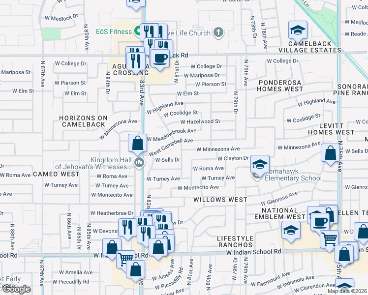 map of restaurants, bars, coffee shops, grocery stores, and more near 8127 West Campbell Avenue in Phoenix