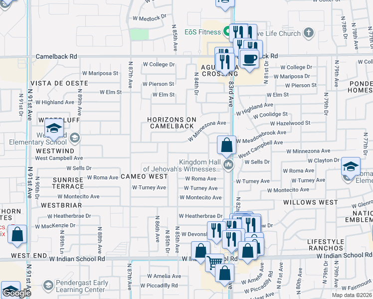 map of restaurants, bars, coffee shops, grocery stores, and more near 8447 West Minnezona Avenue in Phoenix