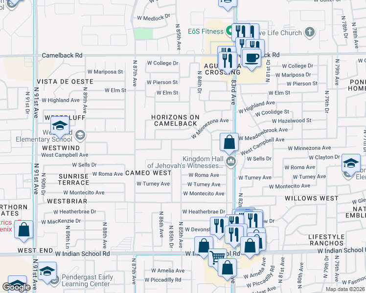map of restaurants, bars, coffee shops, grocery stores, and more near 8447 West Minnezona Avenue in Phoenix