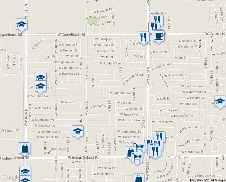 map of restaurants, bars, coffee shops, grocery stores, and more near 8447 West Minnezona Avenue in Phoenix