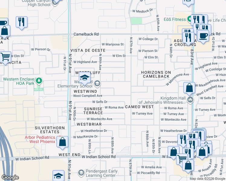 map of restaurants, bars, coffee shops, grocery stores, and more near 8822 West Minnezona Avenue in Phoenix