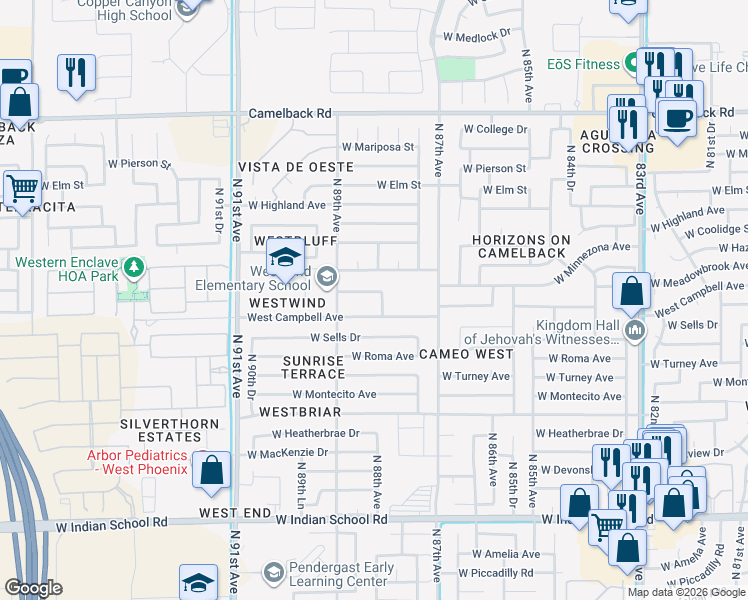 map of restaurants, bars, coffee shops, grocery stores, and more near 8822 West Minnezona Avenue in Phoenix