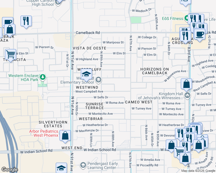 map of restaurants, bars, coffee shops, grocery stores, and more near 8822 West Minnezona Avenue in Phoenix
