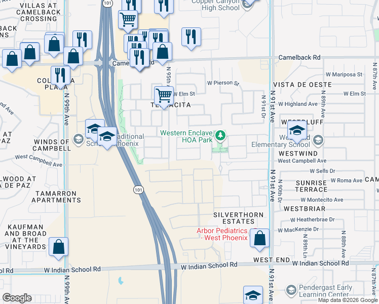 map of restaurants, bars, coffee shops, grocery stores, and more near 9342 West Willow Bend Lane in Phoenix