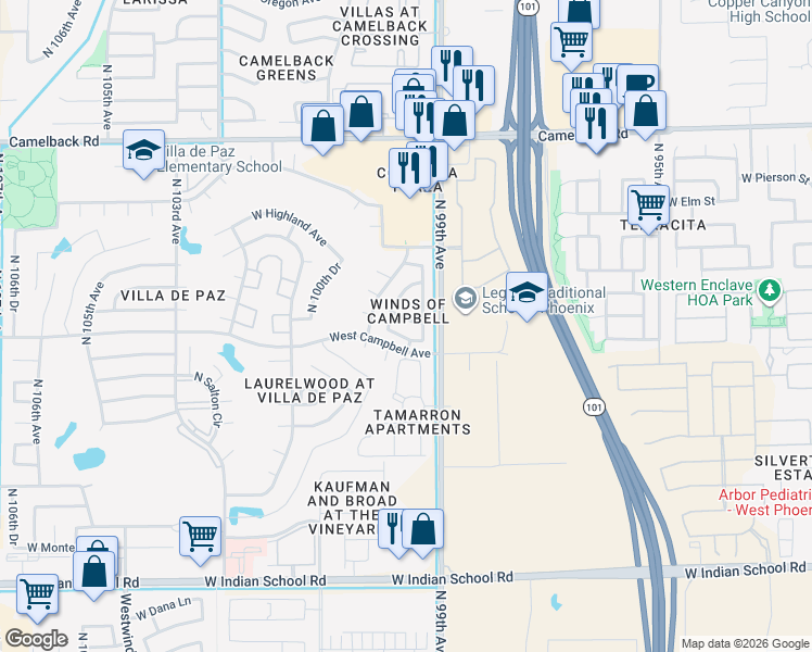 map of restaurants, bars, coffee shops, grocery stores, and more near 4639 North 99th Drive in Phoenix