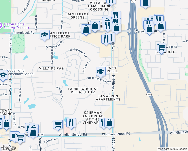 map of restaurants, bars, coffee shops, grocery stores, and more near 10013 West Kino Lane in Phoenix