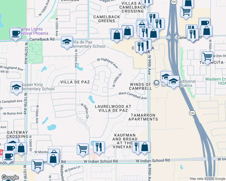 map of restaurants, bars, coffee shops, grocery stores, and more near 4525 North 101st Avenue in Phoenix