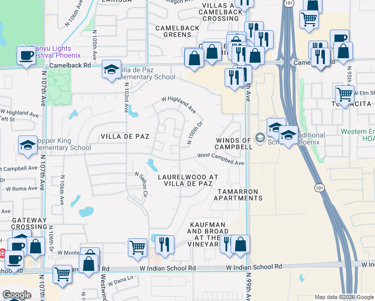 map of restaurants, bars, coffee shops, grocery stores, and more near 4525 North 101st Avenue in Phoenix