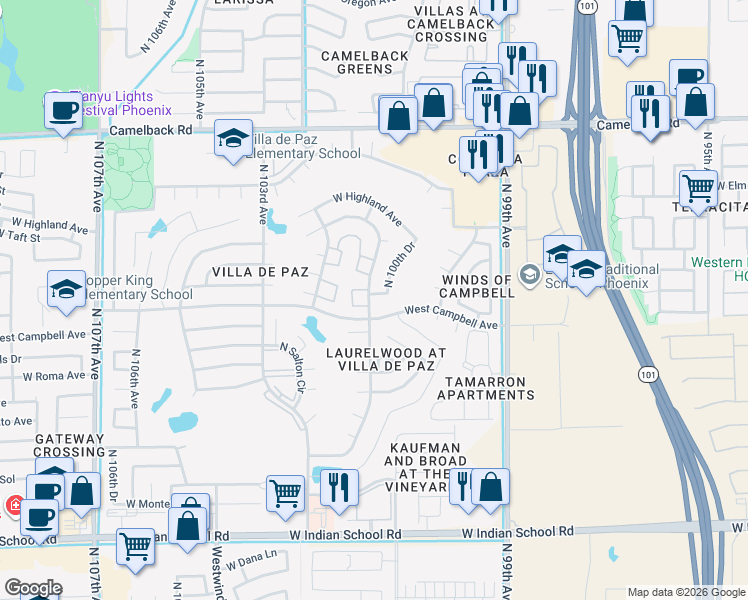 map of restaurants, bars, coffee shops, grocery stores, and more near 4525 North 101st Avenue in Phoenix