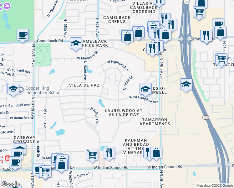 map of restaurants, bars, coffee shops, grocery stores, and more near 4525 North 101st Avenue in Phoenix
