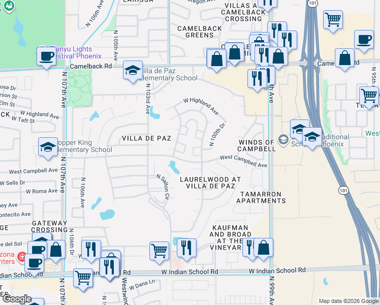 map of restaurants, bars, coffee shops, grocery stores, and more near Unnamed Road in Phoenix