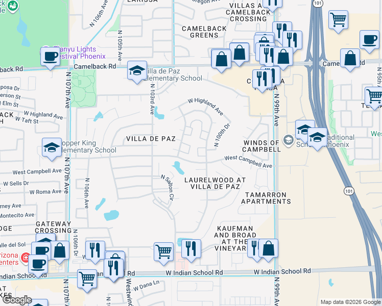 map of restaurants, bars, coffee shops, grocery stores, and more near Unnamed Road in Phoenix
