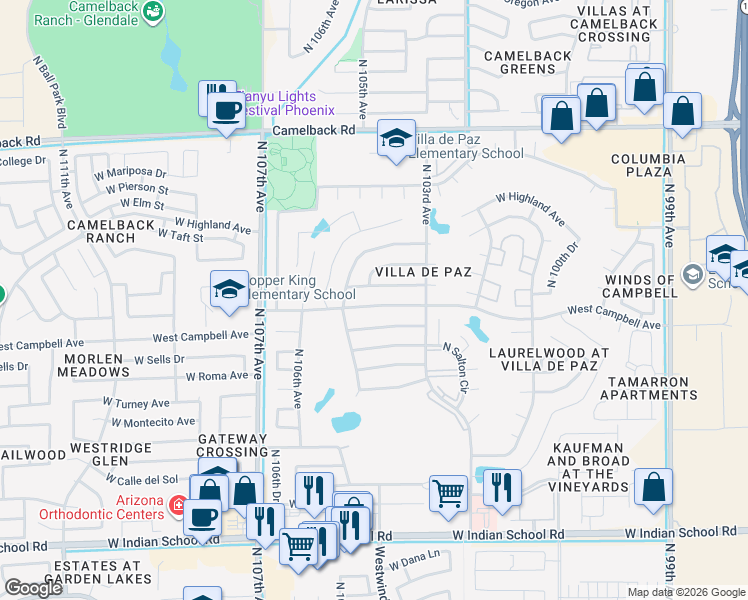 map of restaurants, bars, coffee shops, grocery stores, and more near 10409 West Minnezona Avenue in Phoenix