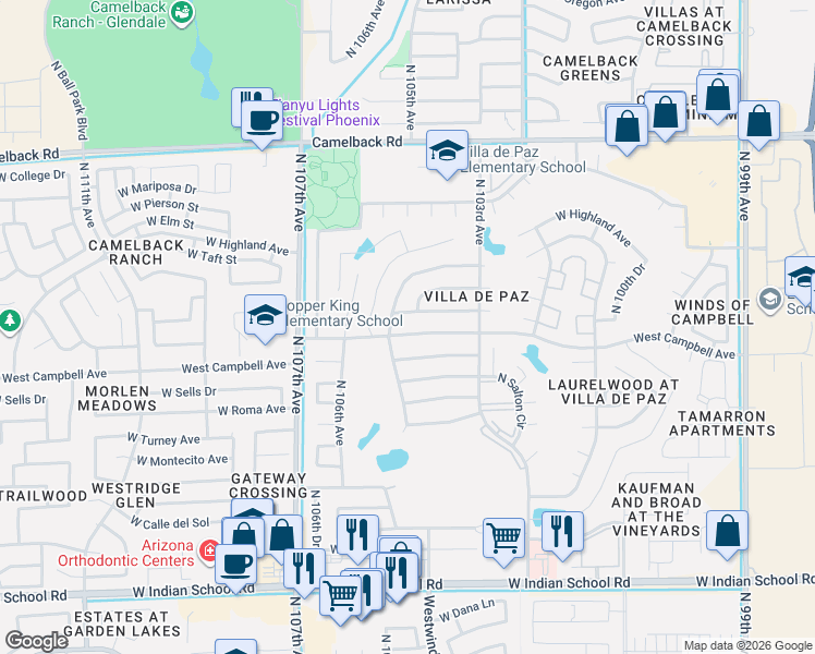 map of restaurants, bars, coffee shops, grocery stores, and more near 10409 West Minnezona Avenue in Phoenix