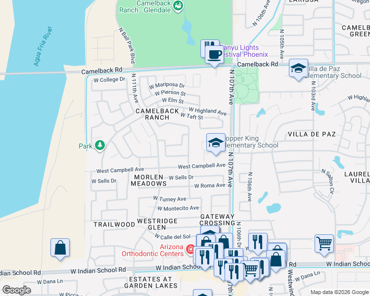 map of restaurants, bars, coffee shops, grocery stores, and more near 10910 West Meadowbrook Avenue in Phoenix